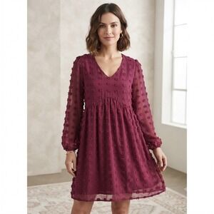 ABYOXI Burgundy Pom Pom Swiss Dot Babydoll Mini Dress Long Sleeve Medium